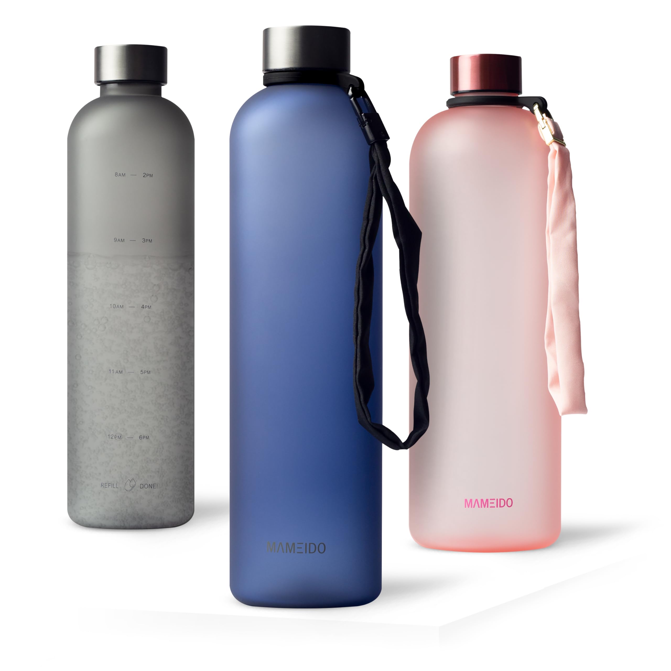 MAMEIDO Bottiglia acqua 1 litro - Borraccia plastica tritan a tenuta stagna, senza BPA - bottiglia motivazionale con orario (Sapphire Blue, 1l)
