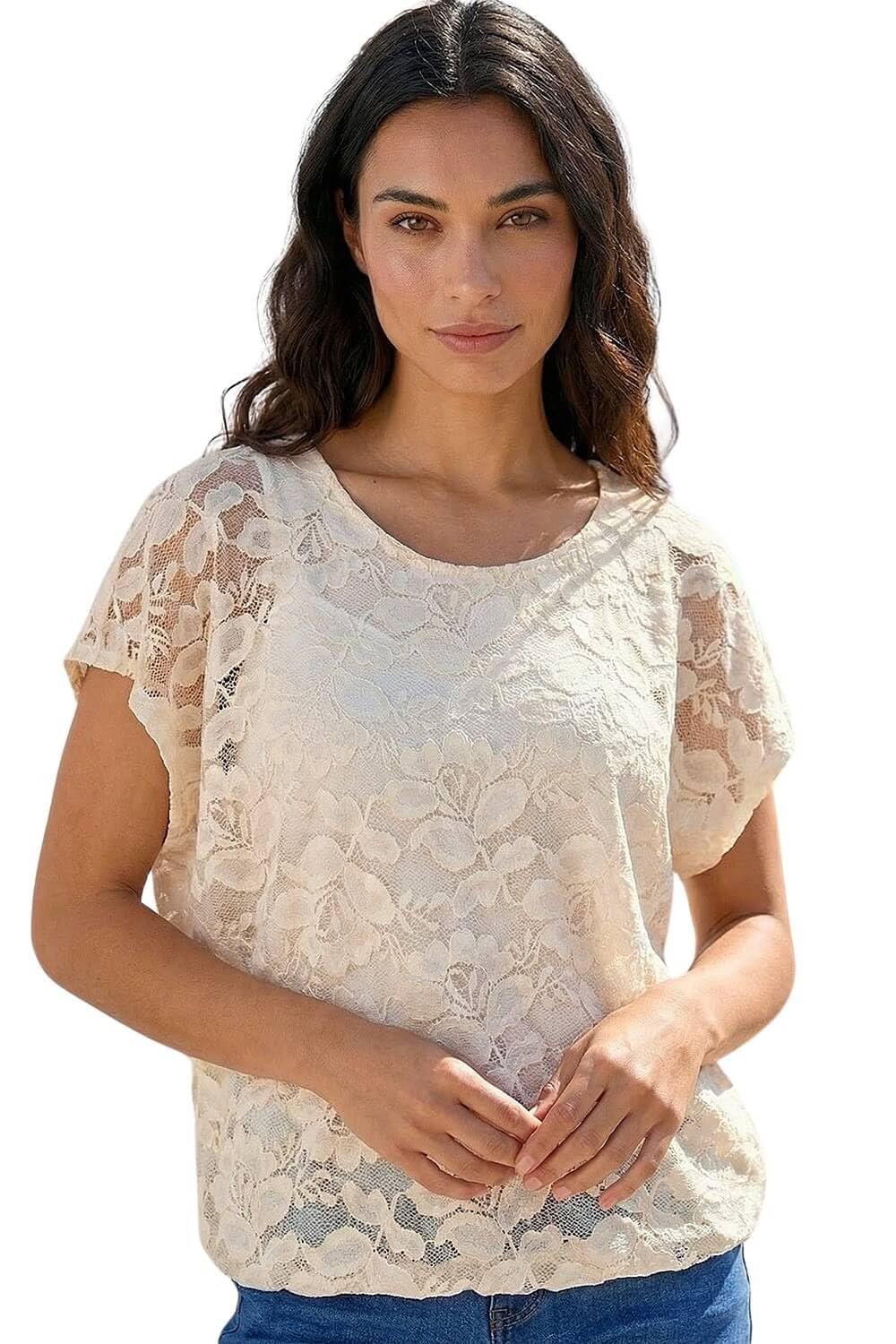 Roman Women's Ivory Floral Lace Overlay Stretch Top Size 18