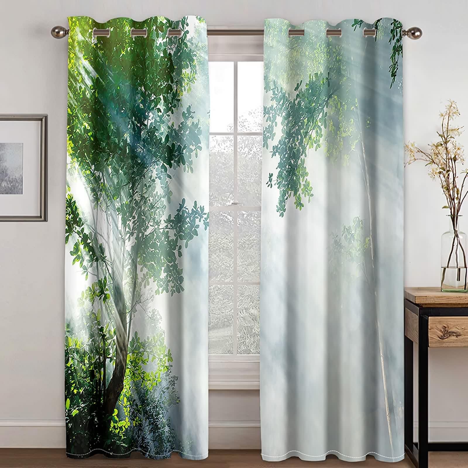 Epinki Zielono-biała zasłona nieprzejrzysta, zasłona termiczna na przelotkach, wys. 183 x szer. 214 cm, 2 sztuki, drzewo, dżungla, las, zasłona zaciemniająca, zasłona na przelotkach, do hoteli, biura