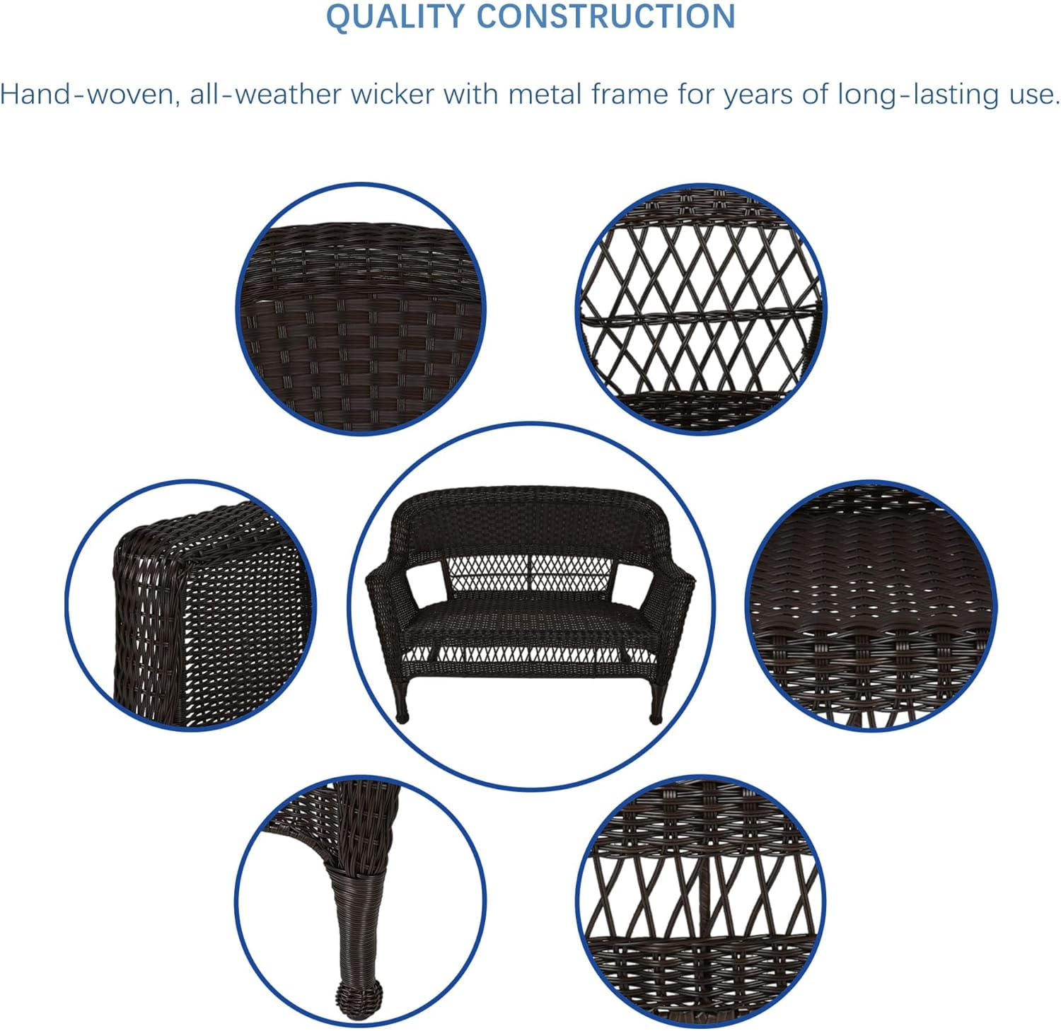 Jeco Wicker Patio Love Seat and Coffee Table Set without Cushion, Espresso