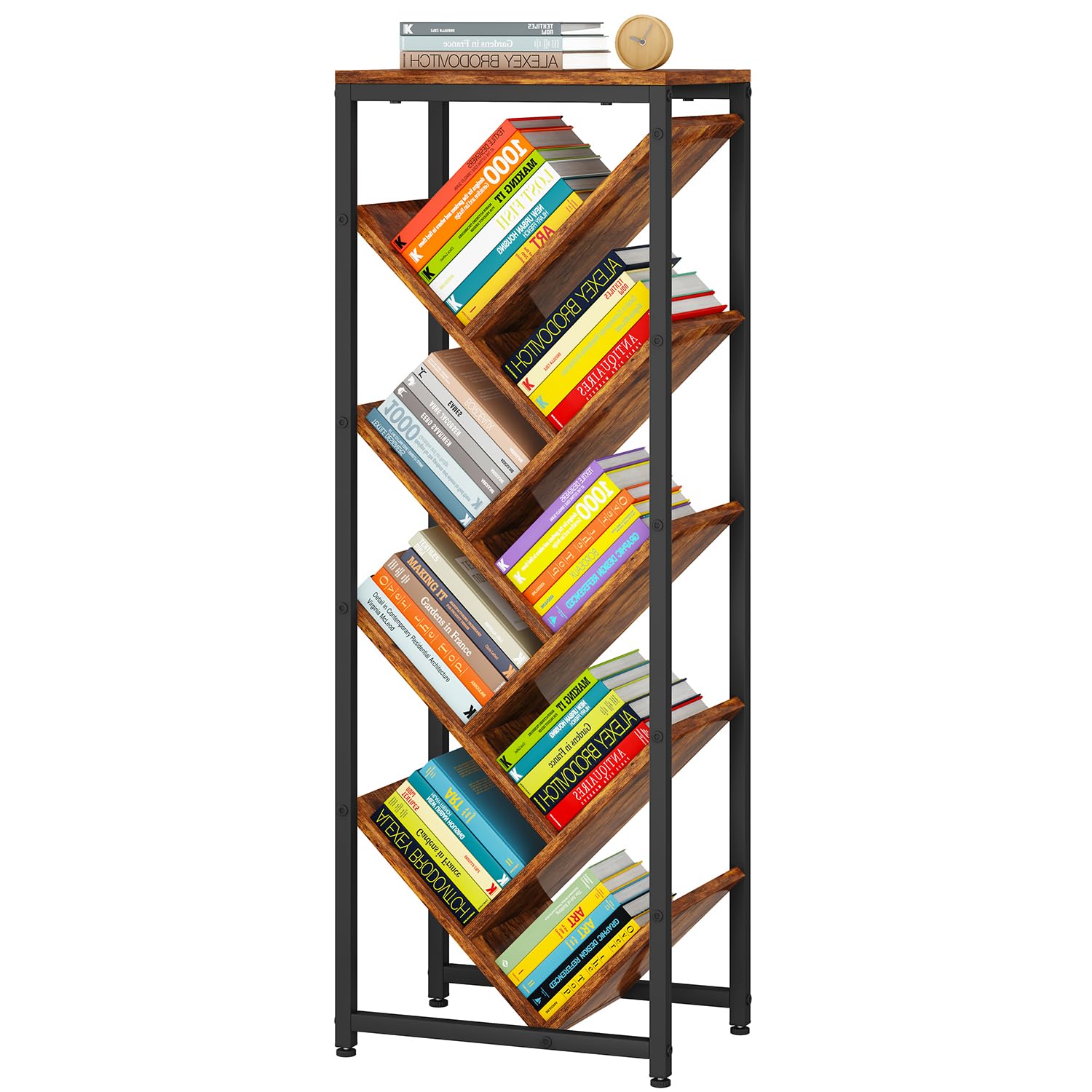 IBUYKE - Libreria ad albero a 9 ripiani, da terra, in legno, per spazi ristretti, organizer per libri/CD/film, piccola libreria angolare per camera da letto e soggiorno, marrone rustico, TBC002H