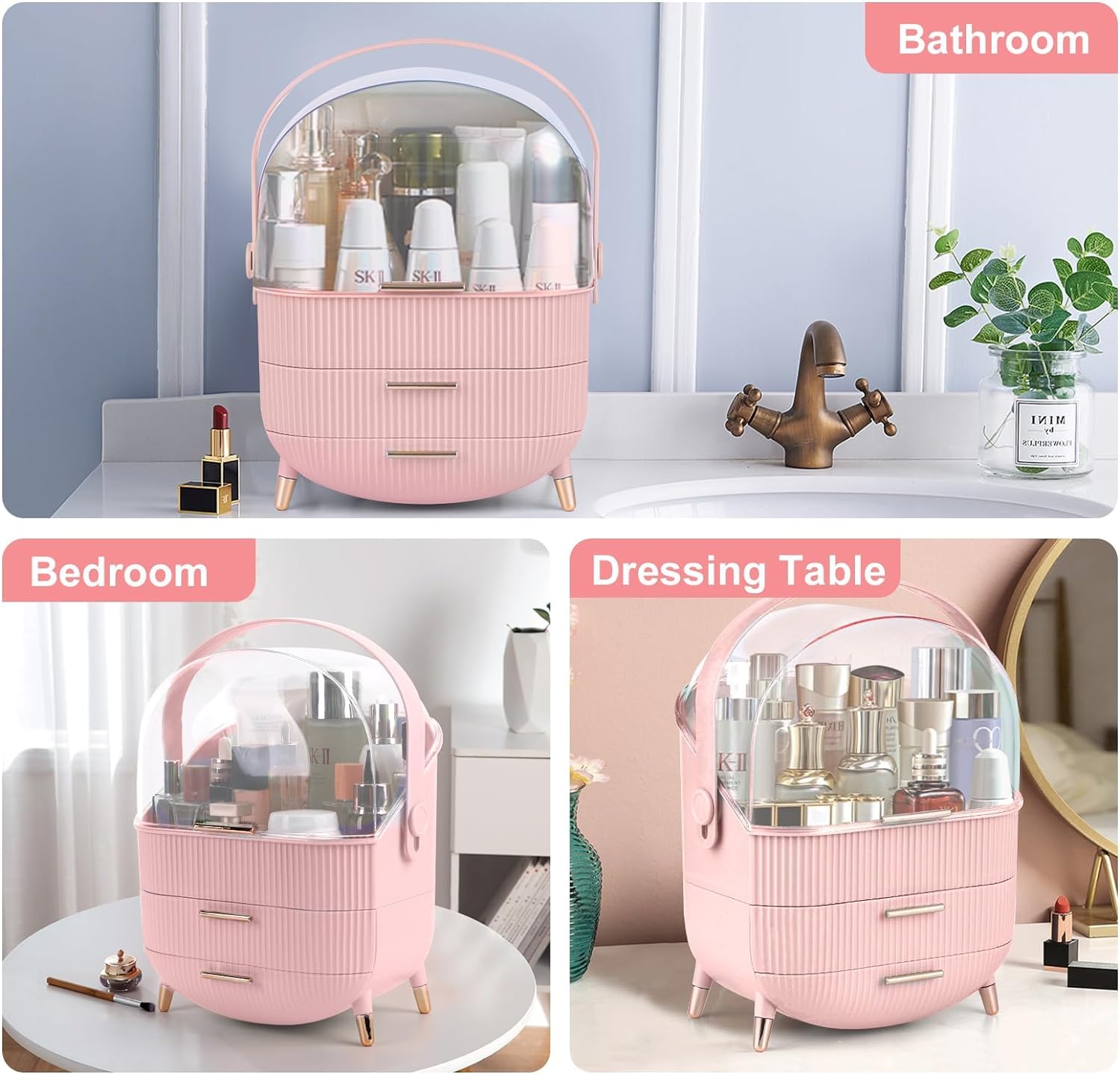 Kousee - Organisateur de maquillage avec couvercle transparent, tiroirs pour soins de la peau, porte-beauté pour salle de bain, coiffeuse, résistant à la poussière et étanche, rose
