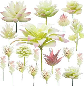 Cayway 20 PCS Artificial Succulents Picks Creamy White Artificial Succulent Plants, Fake Succulent Assortment in Flocked in Different Type for Indoor and Outdoor Home Decor Floral Arrangements