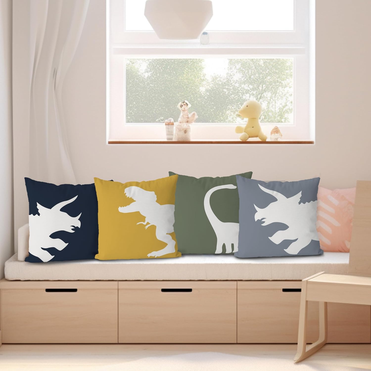 KEUSPI Cartoon Dinosaur Dino T-Rex Throw Pillow Covers,Dinosaur Throw Pillow Covers 18×18 Inch Set of 4,Home Boys Room Kids Room Playroom Nursery Decor,Dinosaur Lover Gifts for Boys Kids