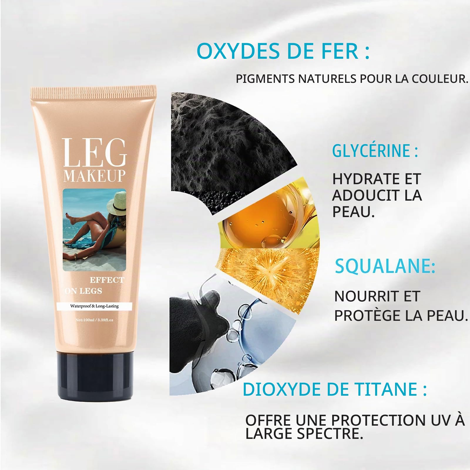 Maquillage de jambes imperméable sans transfert avec pinceau de maquillage extra large pour le corps, couverture de tatouage pour varices/cicatrices, fond de teint parfait du corps, équilibre la peau