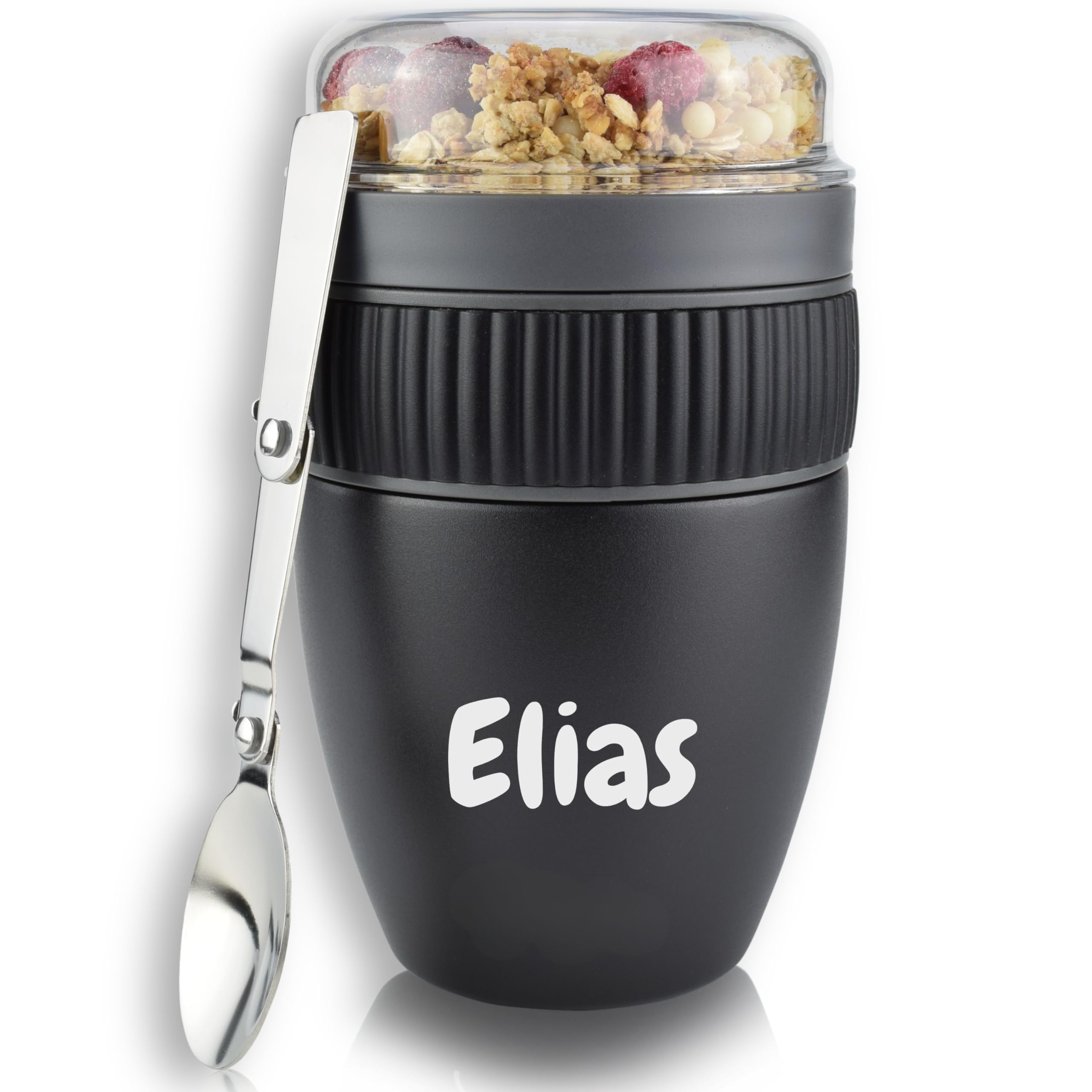 Milu Muesli Cup to go 400ml with Name Engraving MüsliMax Stainless Steel Yoghurt Cup for Muesli I Leak-proof cup with spoon (engraved)