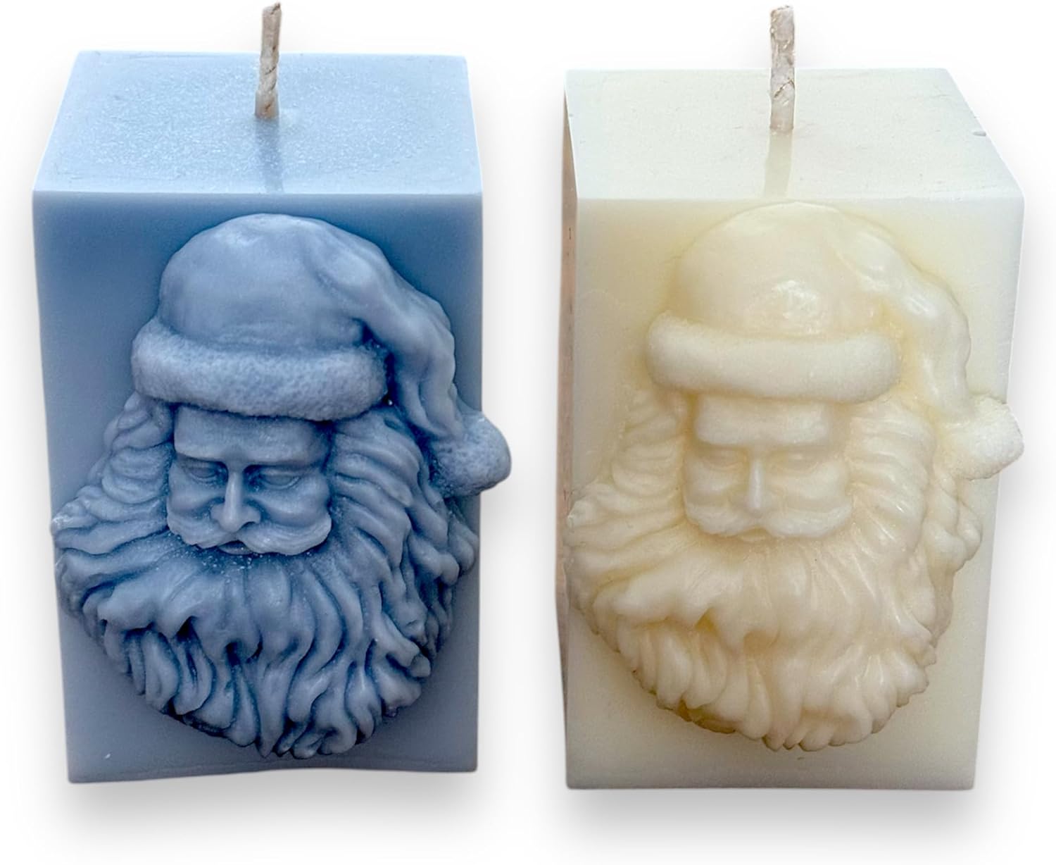 Festive Set of 2 Santa Claus Face Candles – White & Blue Rectangular Christmas Candle Decor for Holiday Cheer