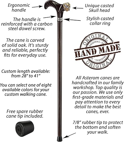 Miniatura 3 de Asterom Bastón de calavera hecho a mano para hombres y mujeres, bastón gótico genial, elegante bastón de madera