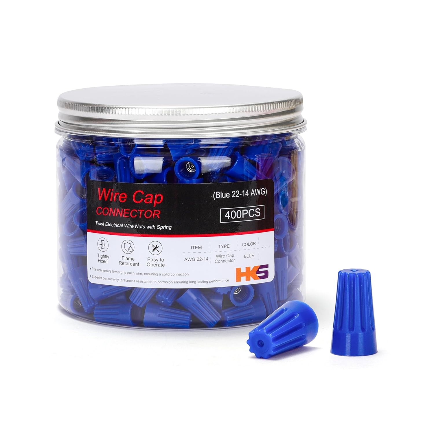 HKS 400 PCS Blue Wire Caps - AWG 22-14,Twist-On Screw Nuts Insulated Insertion Electrical Wire Connectors with Spring - Portable & Quick to Connect