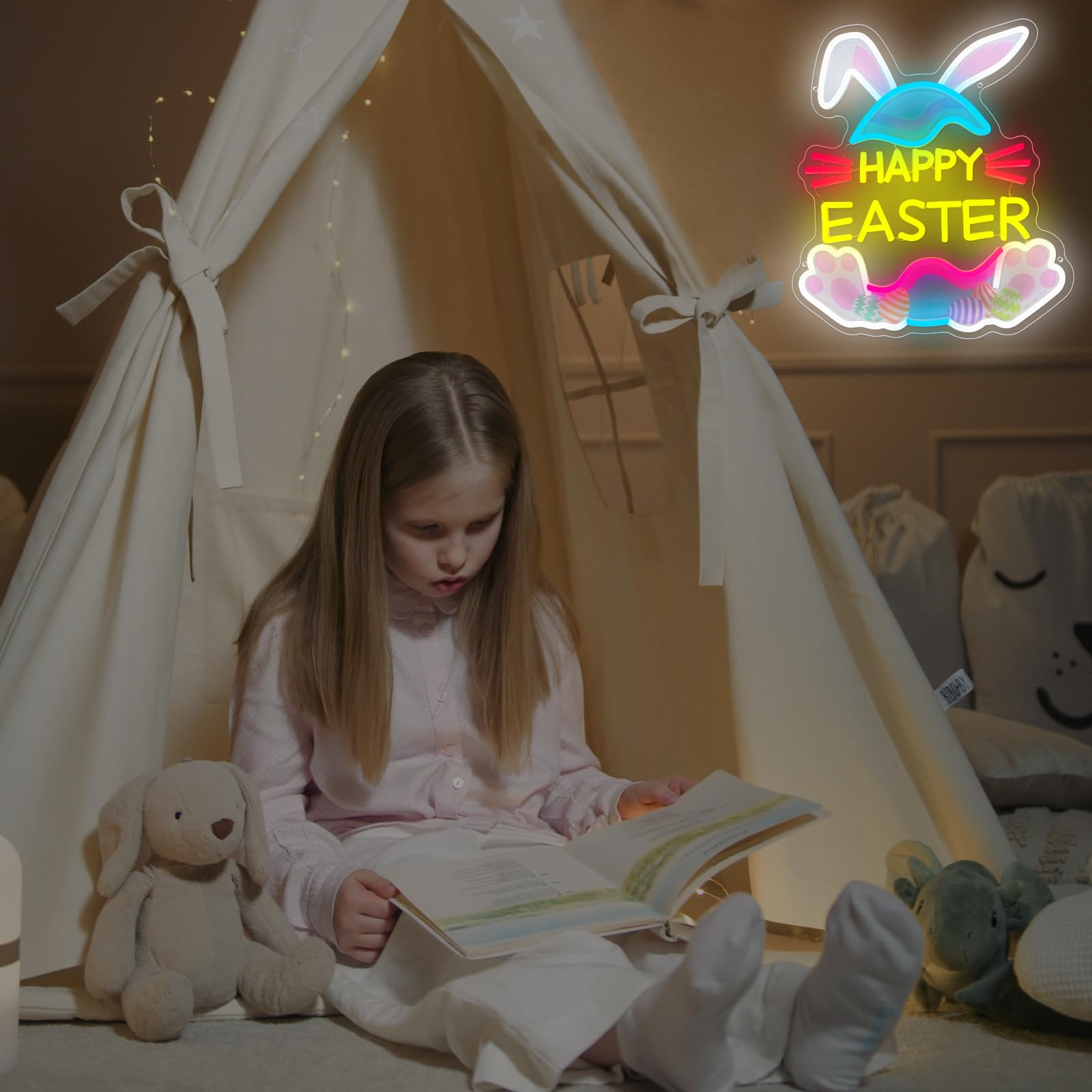 Neonowy Znak Wielkanocny, ściemniany, Króliczek i Jajko, Możliwość Przyciemniania, Neonowe światła LED, do Pokoju, na ścianę, Dekoracje Imprezowe, Zasilany Przez USB, Prezenty świąteczne (Styl A)