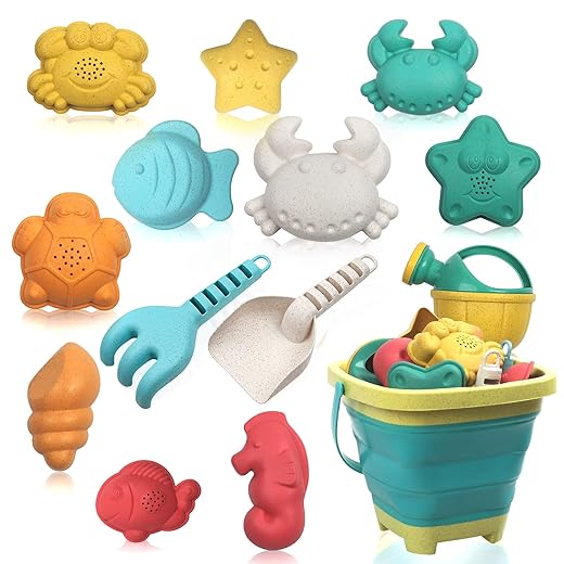 HomeMall 14PCS Beach Toys for Kids, Sand Toys Set for Toddlers, Sandbox Toys Includes Collapsible Bucket Shovel and Rake Set, Sand Molds, Summer Outdoor Travel Beach Toys for Kids Toddlers Boys Girls