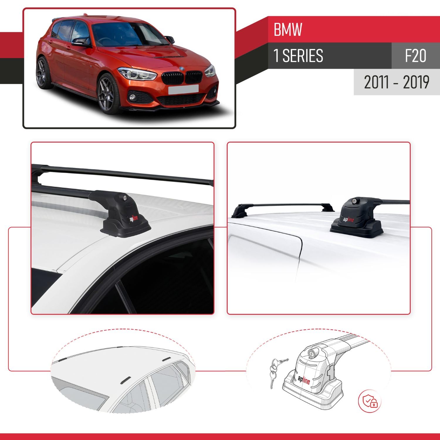 Kompatybilny z BMW 1 Series (F20) 2012-2019 ACE-3 Model Aluminiowy bagażnik dachowy 2 poprzeczki, czarne