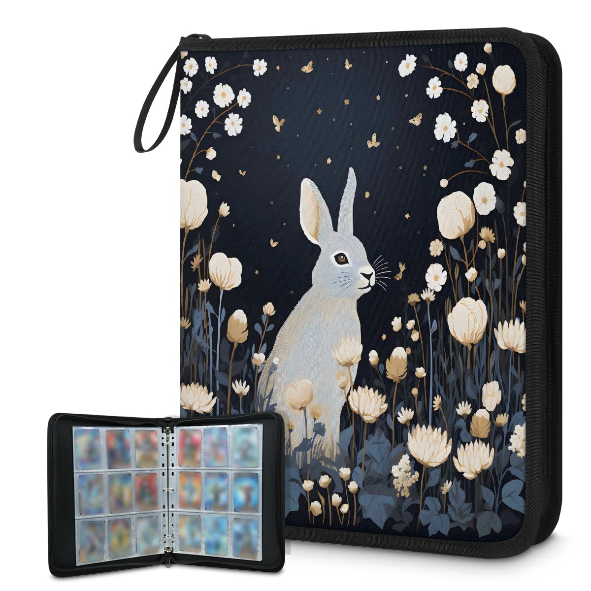 Raccoglitore per carte con 9 tasche, 900 tasche, con chiusura a cerniera (coniglio grigio fiore)
