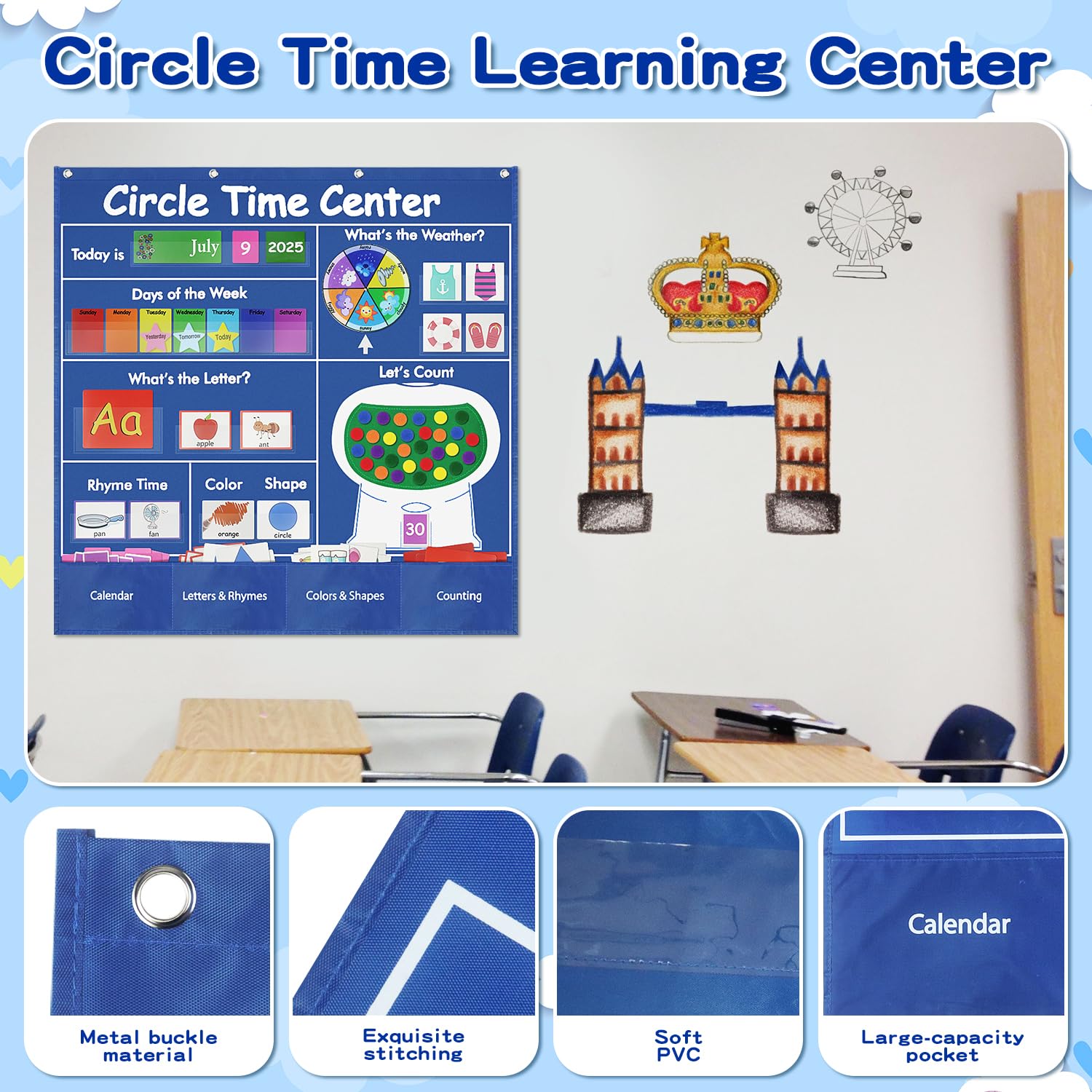 Tabla de bolsillo educativa, 39.75 x 39.75 pulgadas, centro de aprendizaje de tiempo circular, gráfico de bolsillo, centro de aprendizaje, tabla de bolsillo, calendario de aprendizaje de tiempo