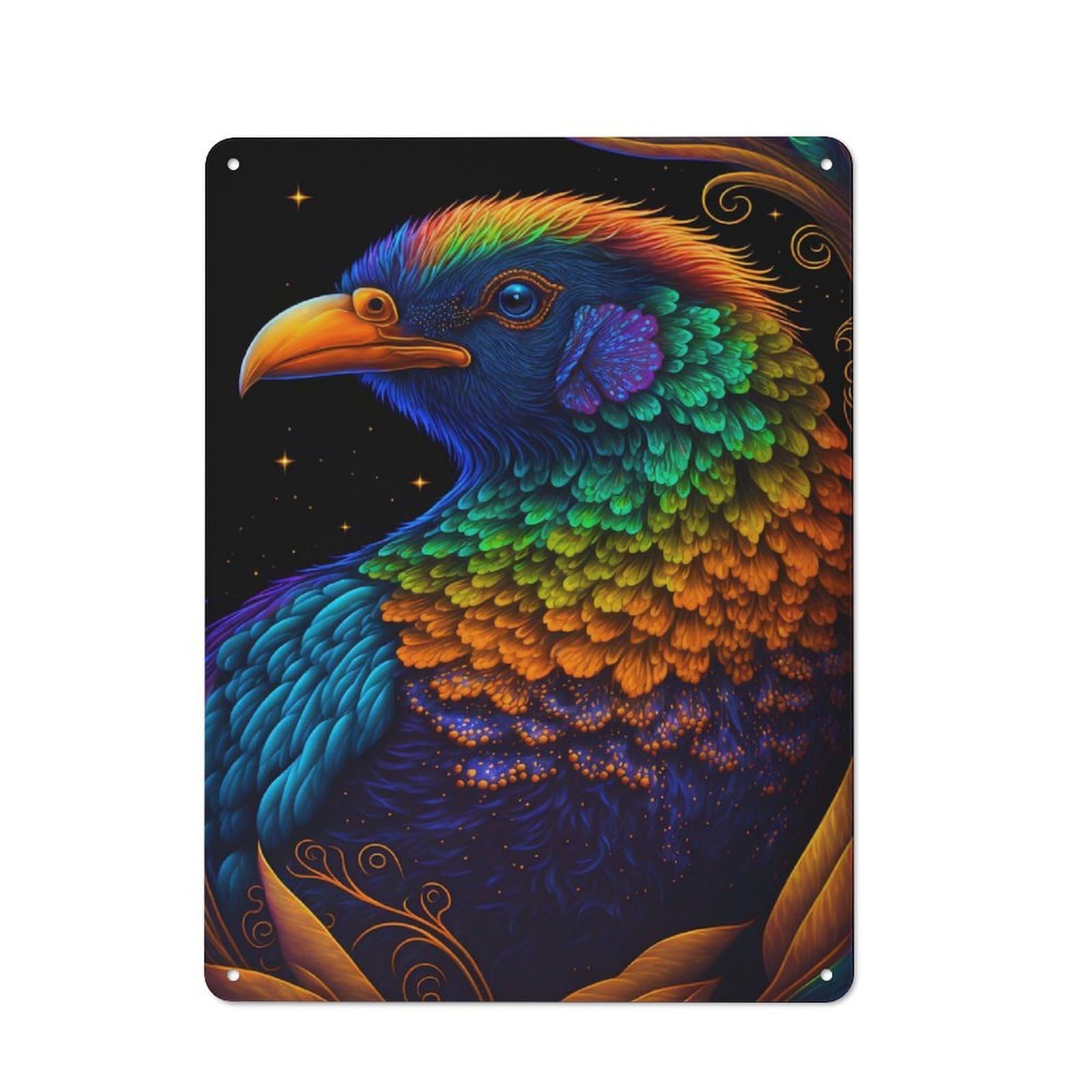 Junmoney Style-23 Colorful Iridescent Bird 1 Understated Metal Wall Decor 40X30cm, Office Metal Sign For Office, Study, Studio Or Hallway