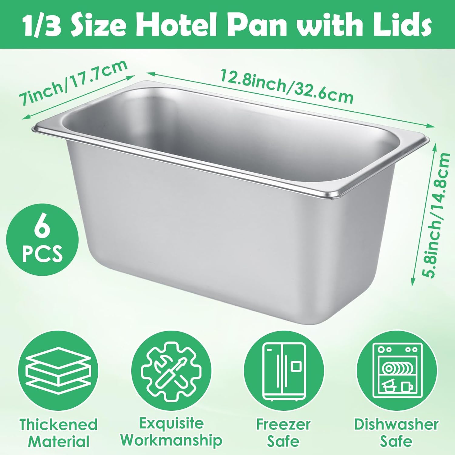6 Pack Stainless Steel Hotel Pans 1/3 Size x 6" Deep Steam Table Pan 1/3 Stainless Steel Food Pan 6 Inch Deep Stainless Steel Commercial Food Pans for Hotel, Restaurant, Buffet, Home