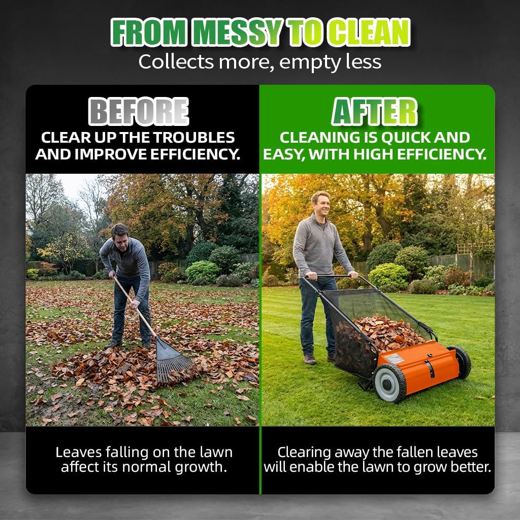 PPOLB 26" Push Lawn Sweeper, 7 cu.ft Large Capacity Yard Sweeper Push, 5:1 High-Density 4 Brushes, Adjustable Height, Heavy Duty Leaf Collector with Detachable Hopper, Rubber Wheels, Ergonomic Handle