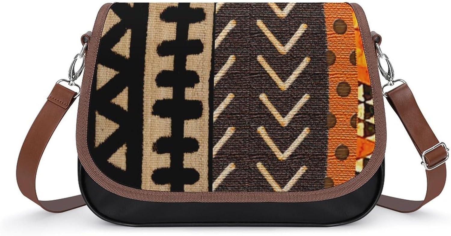 Contemporary African Mud Cloth Print 4Women's Faux Leather Crossbody Bag, Waterproof Wrinkle-Resistant Shoulder Bag with Detachable Strap, Large Capacity Casual Handbag, Fashion Daily Purse for Shoppi