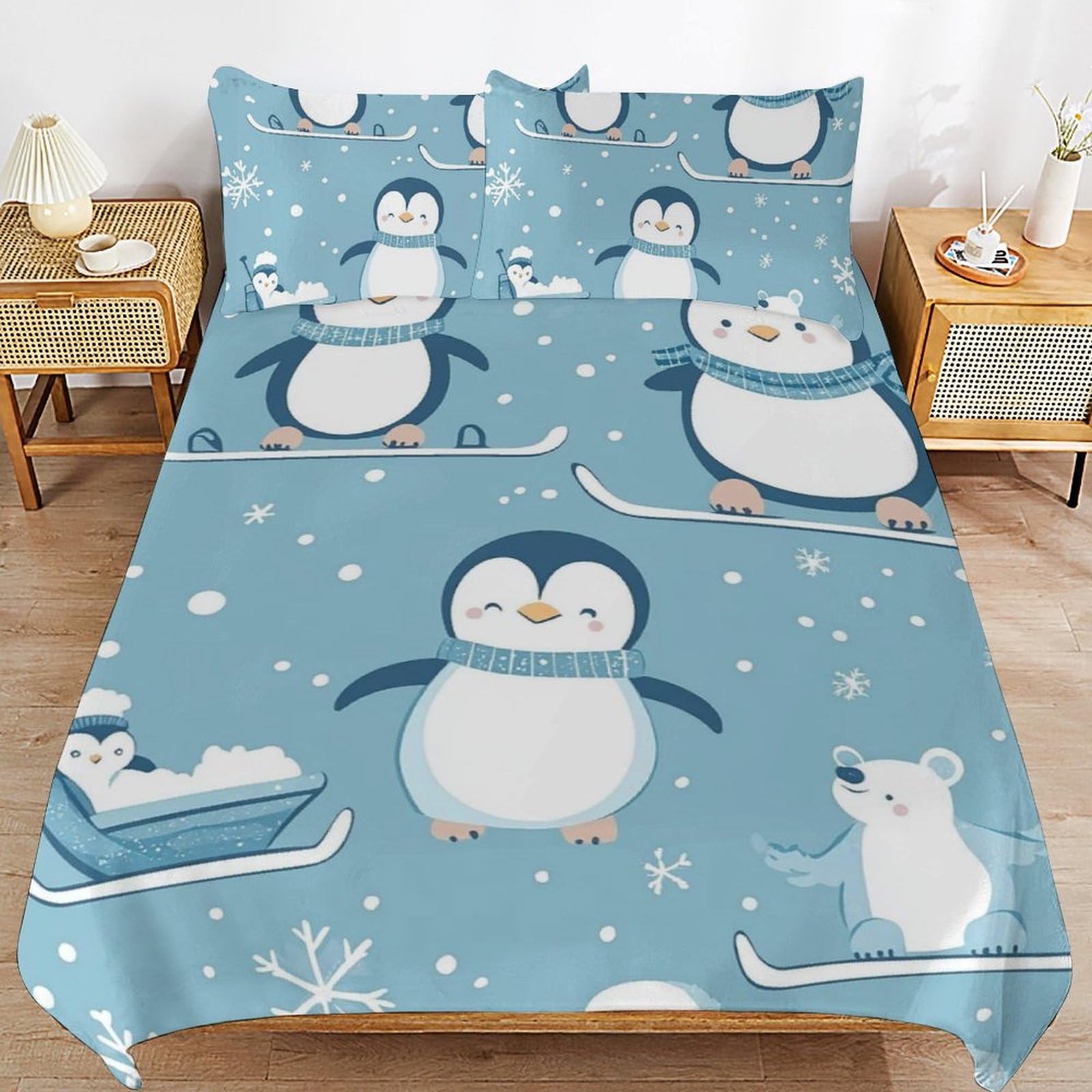 Parure de lit enfant microfibre douce avec fermeture éclair et 2 taies pingouin