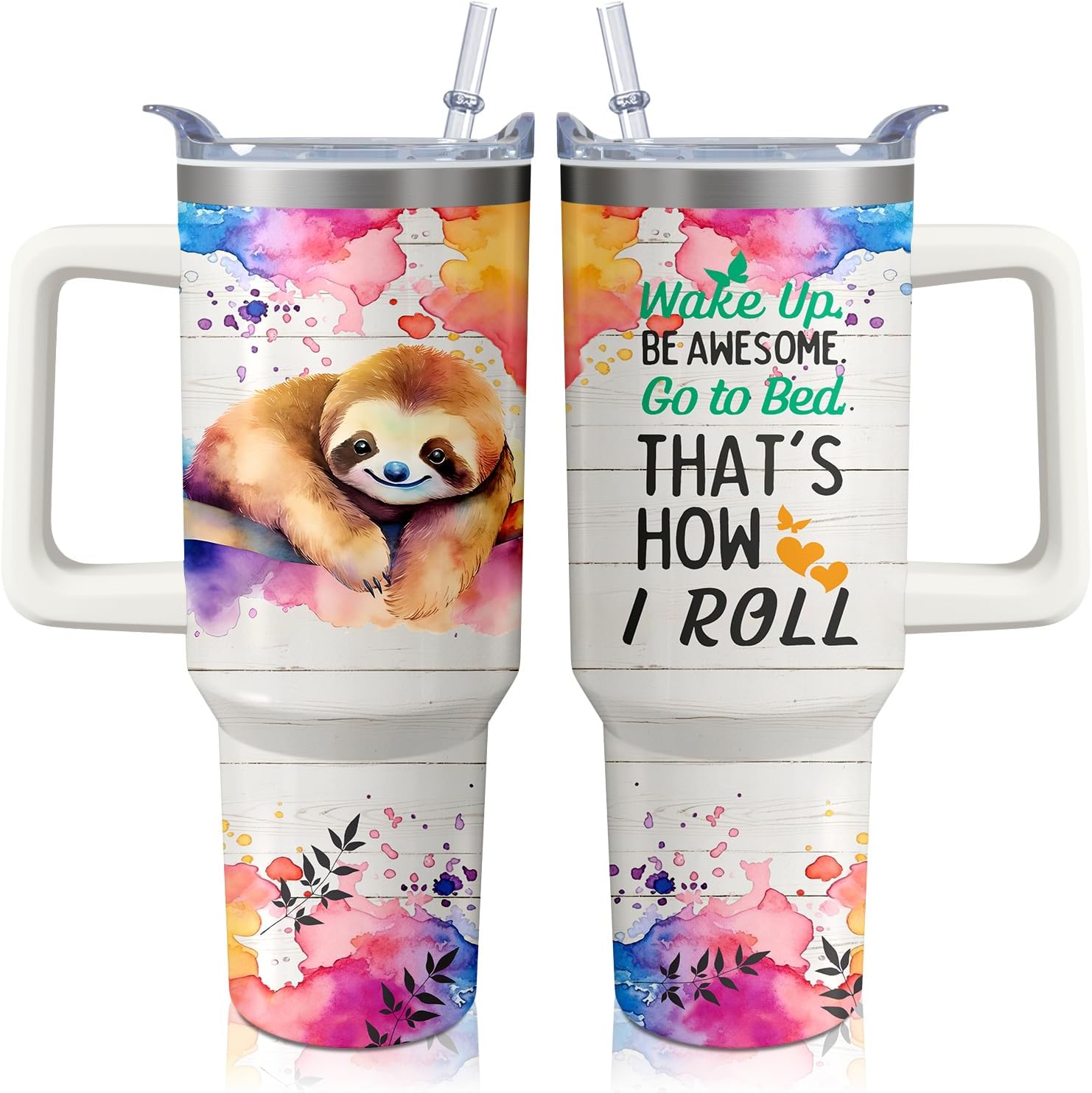 40oz Sloth Tumbler with Handle and Straw, Stainless Steel Insulated Cup with Lid and Straw, Travel Coffee Mug Water Bottle, Birthday Mothers Day Gifts for Women Men Animal Lovers