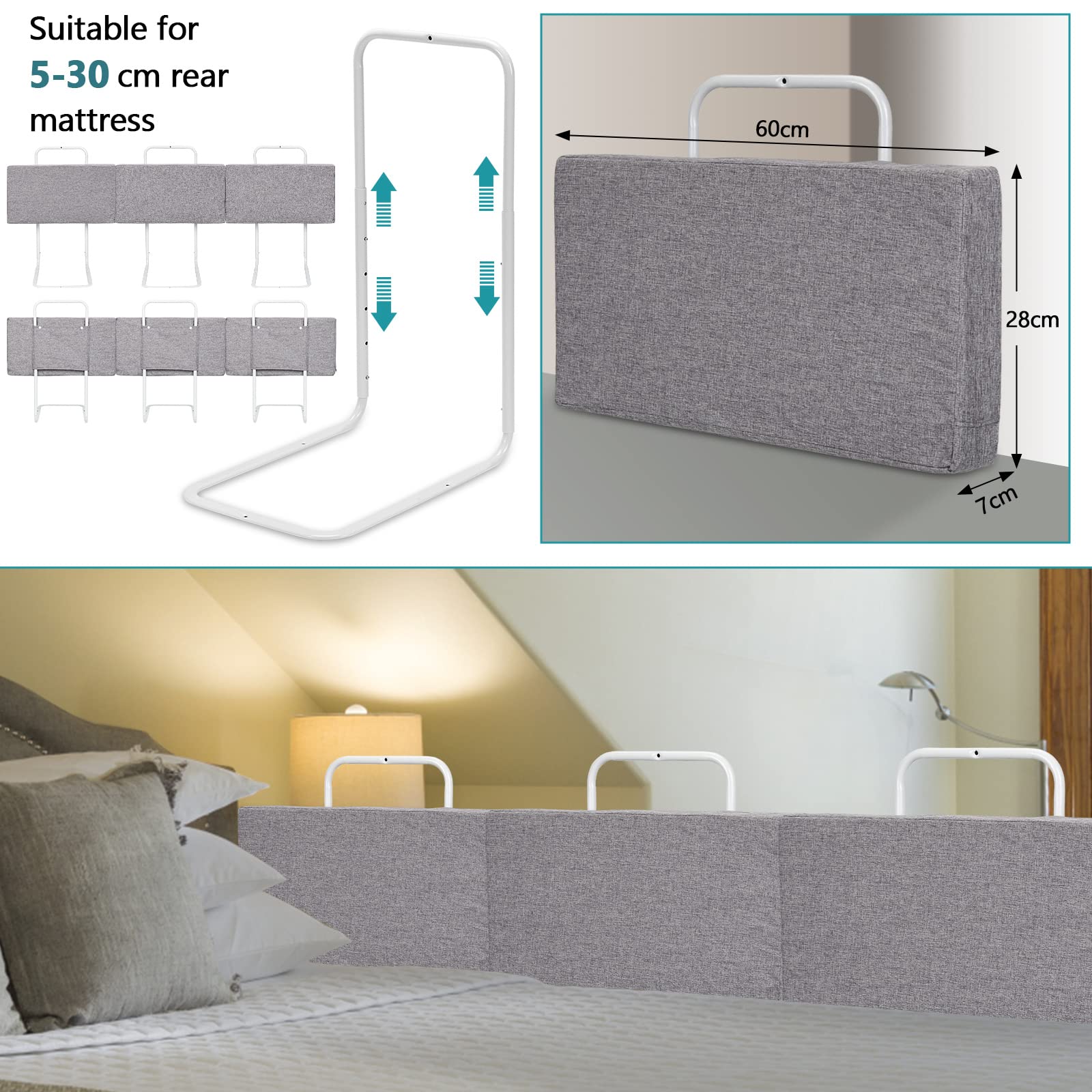 2X Barriera per letto 60 x 28 cm, Regolabile in altezza, Barriera di sicurezza per letto a 5 fori, Barriera per bambini piccoli per prevenire le cadute, Colore: Grigio