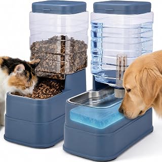 2 Pack Automatic Cat Feeder and Water Dispenser 1.3Gallon Dog Gravity Food Feeder and Water with Ice Pack Stainless Steel Dry Food and Waterer Bowl for Small Medium Large Pets (Blue)