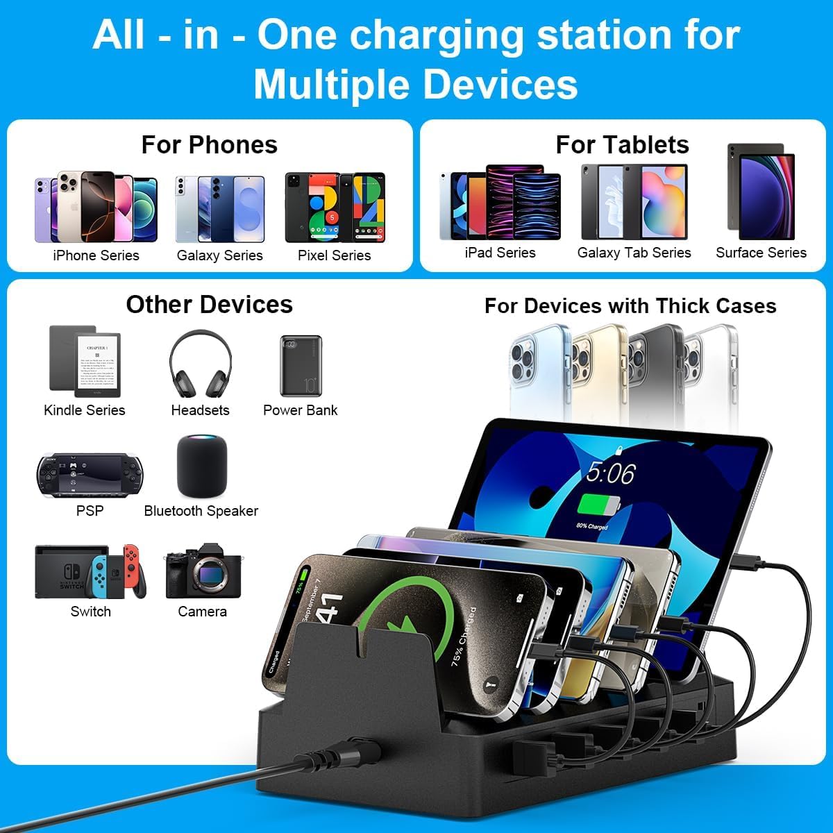 Stazione di ricarica per più dispositivi, 6 stazioni di ricarica con materiale ignifugo e 6 cavi per Apple, Android, iPad, scrivania da ufficio dock organizer (nero)