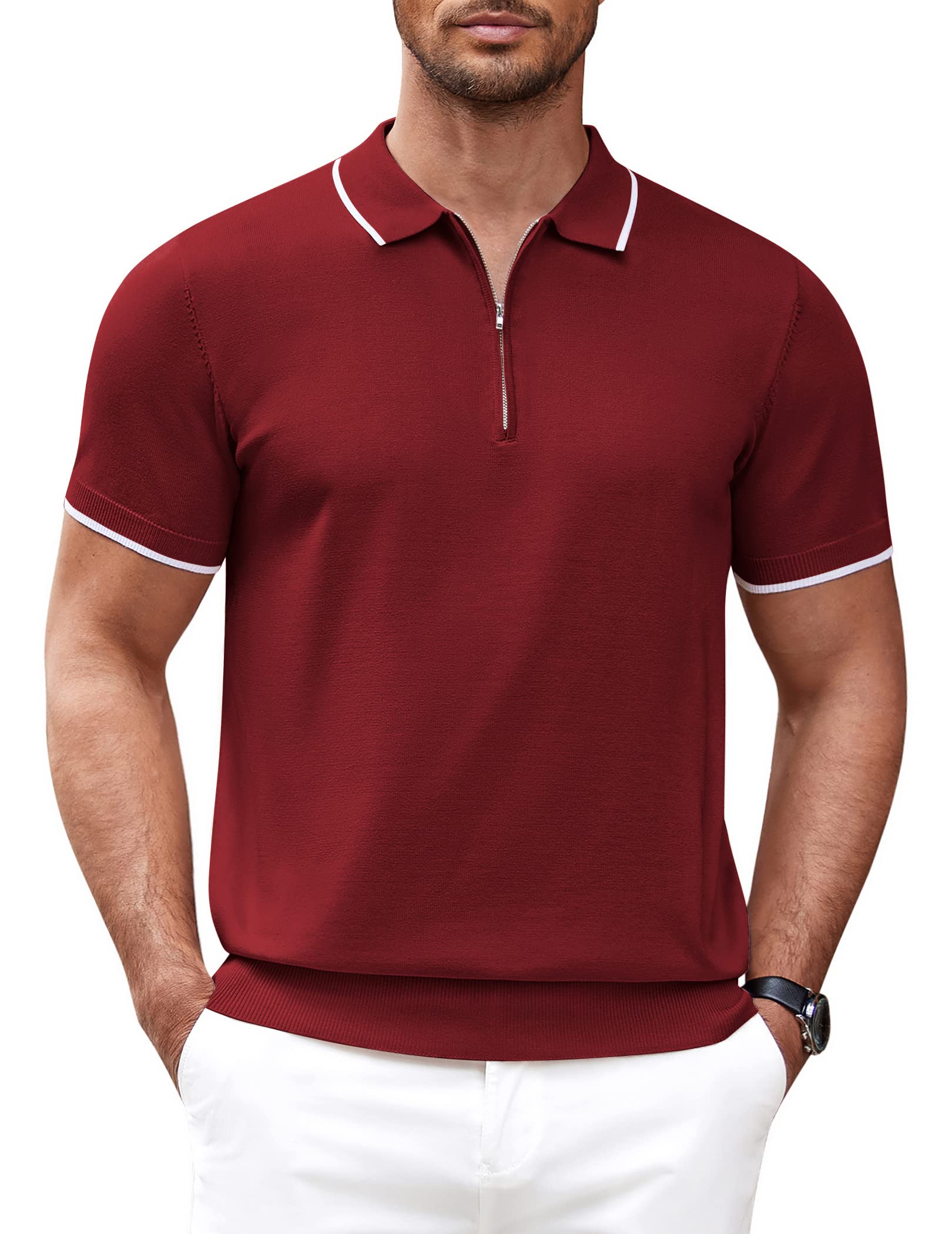 COOFANDY Poloshirt Herren Kurzarm Sommer Polohemd mit Reißverschluss Strick Polo T-Shirt Casual Golf Shirts Weinrot XL
