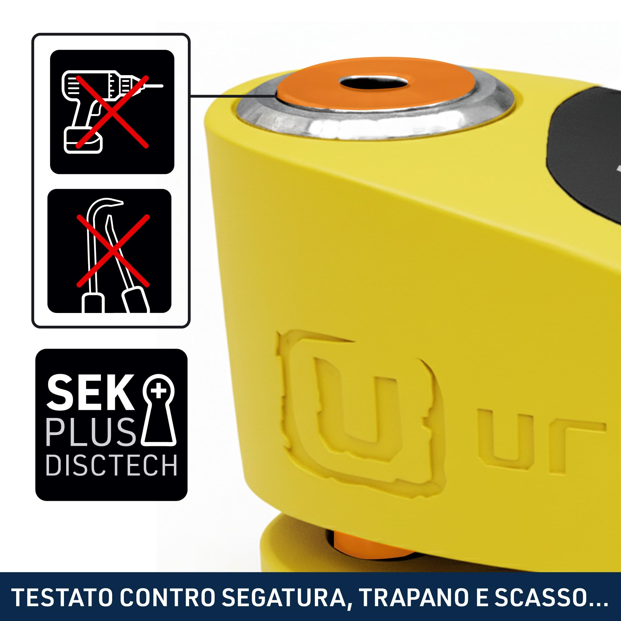 URBAN UR910Y Bloccadisco Moto con Allarme 120 dB, Giallo+Nero in Acciaio Inox Verniciato +Dissuasivo, Omologato SRA e Sold Secure Gold, Doppia Chiusura Ø10 mm, Lucchetto Antifurto Blocca Disco Moto