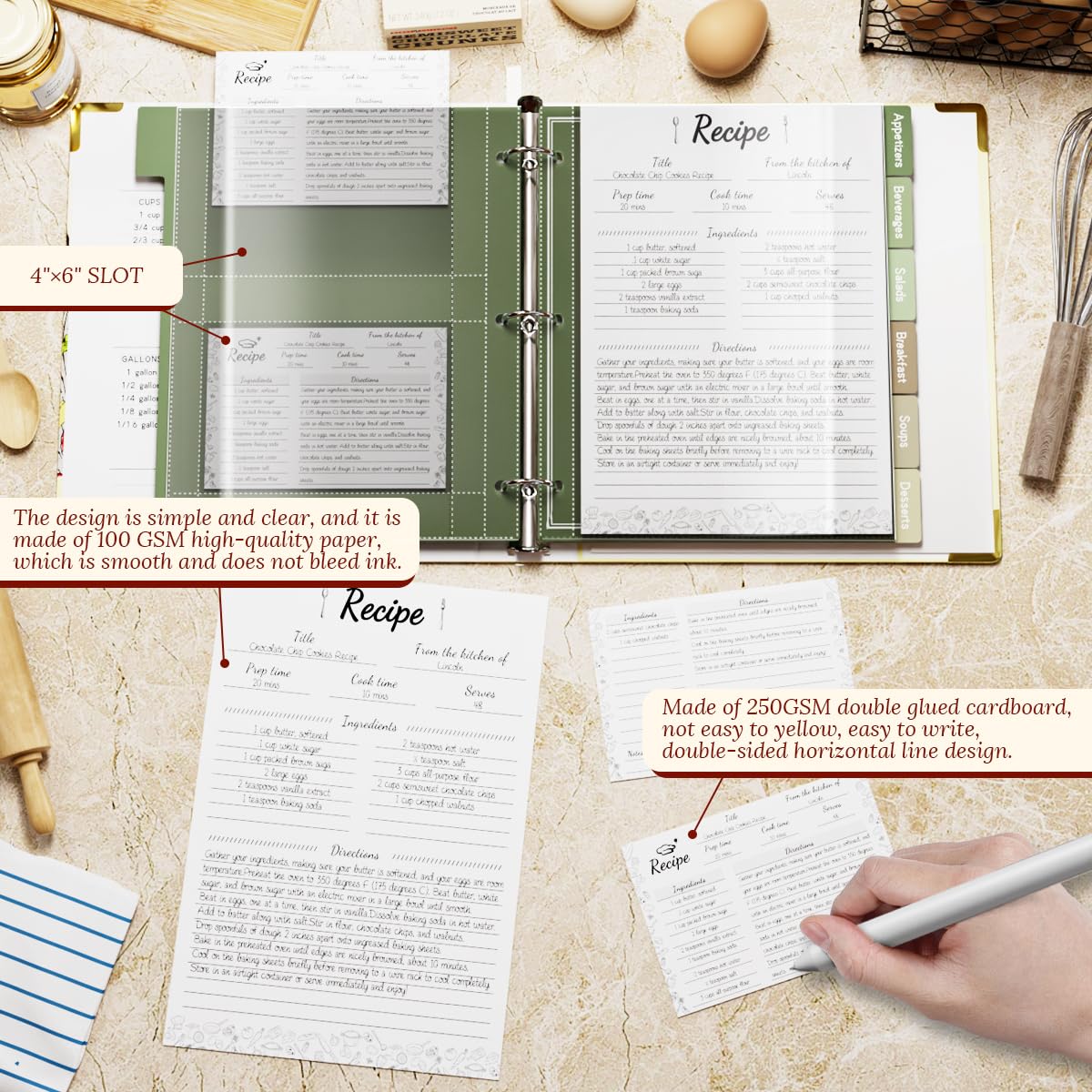 Raccoglitore per ricette 8,5 x 11 con set di supporto per libri di cucina, raccoglitore per ricette vuoto con maniche in plastica, raccoglitore a 3 anelli con schede di ricette da 10 x 15 cm, kit
