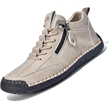 Mens Casual Leather Shoes Ankle Chukka Boots Mid top Handmade Side Zipper Slip On Loafers Lightweight Walking Driving Shoes