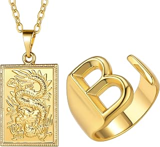 KeyStyle Initial B Ring Dragon Necklace Bundle for Women Girls, Letter Ring Square Dragon Medallion Large Pendant Chain Sets Trendy Jewelry(Gift Box)