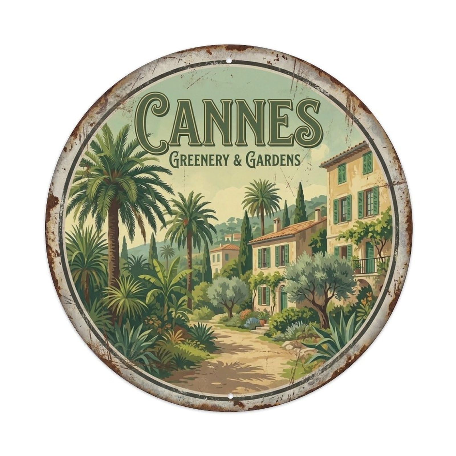 Cannes Palm Gardens Mediterranean Travel Vintage Metal Tin Sign