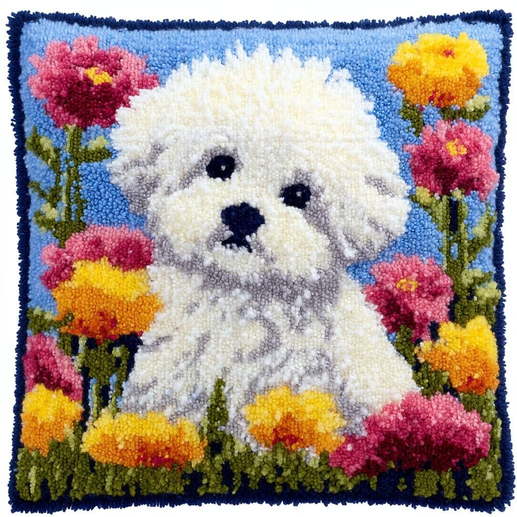 AxiangziK Latch Hook Pillow Kit for Beginners,Bichon Frise and Flowers