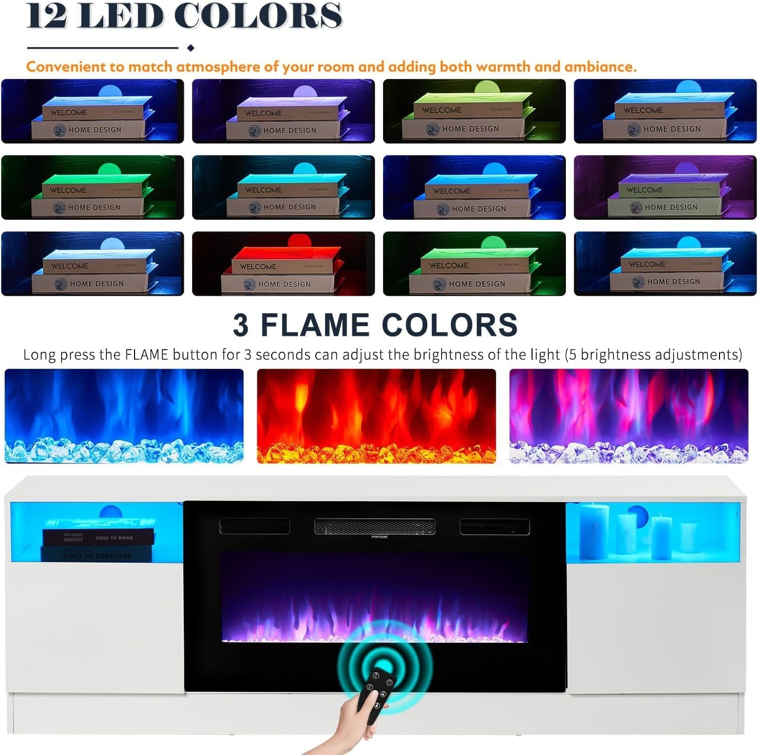 MXV 5-Piece Modern Table Set Includes 70" TV Stand with Electric Fireplace, 40" White Coffee Table, 6-Tier White Bookcase and 2 End Tables with Charging Station, Living Room Table Sets.