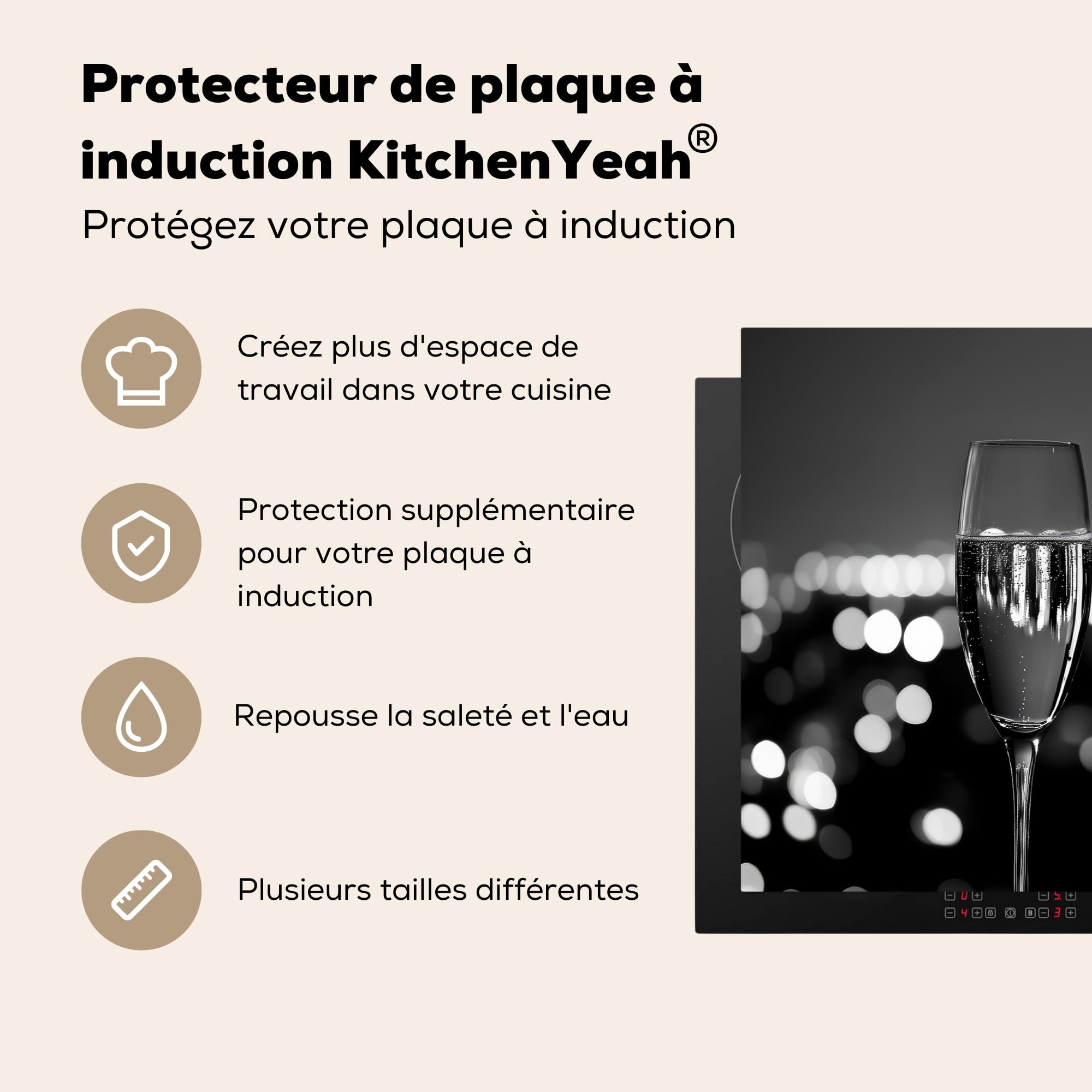 KitchenYeah© Protege Couvre Plaque De Cuisson Décoration Cuisine Tapis Protection Protecteur Induction 80x52 cm Bulles - Cheers - Coupes de Champagne - Lumières de la Ville
