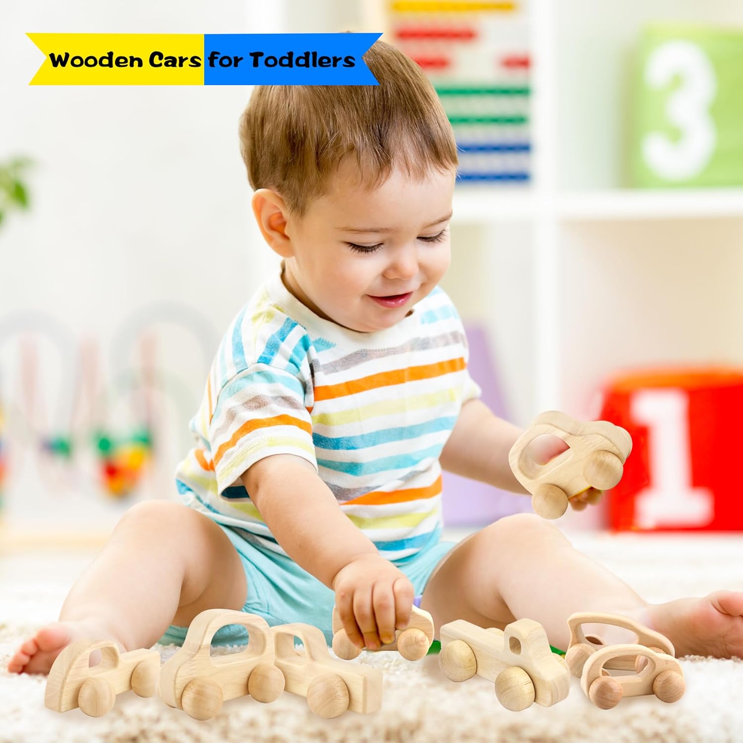 4 Pieces Wooden Toy Cars Mini Push Wood Truck Car Natural Wood Toys for Baby Toddler Birthday Party Gifts Nursery Decoration, 4 Styles