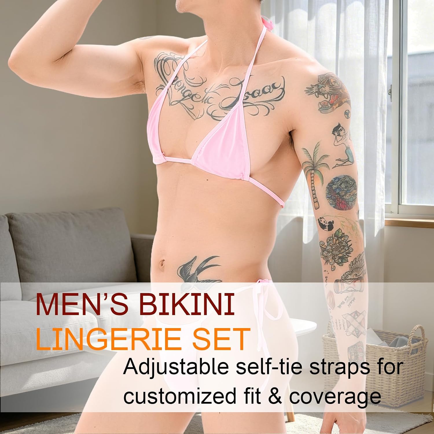 Men's Halter Bikini Lingerie Set-Crossdressing Tie Side Pouch Panty Swimwear Sissy Nightwear