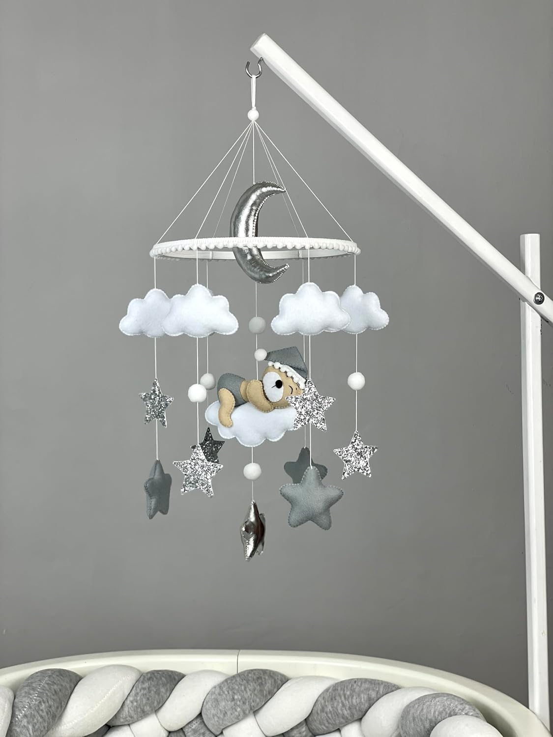 Bear Mobile for Baby Crib Neutral Nursery Decor Felt Hanging Mobile Handmade cot Mobile White Grey Decoration Gender Neutral Baby Gift New mom Gift