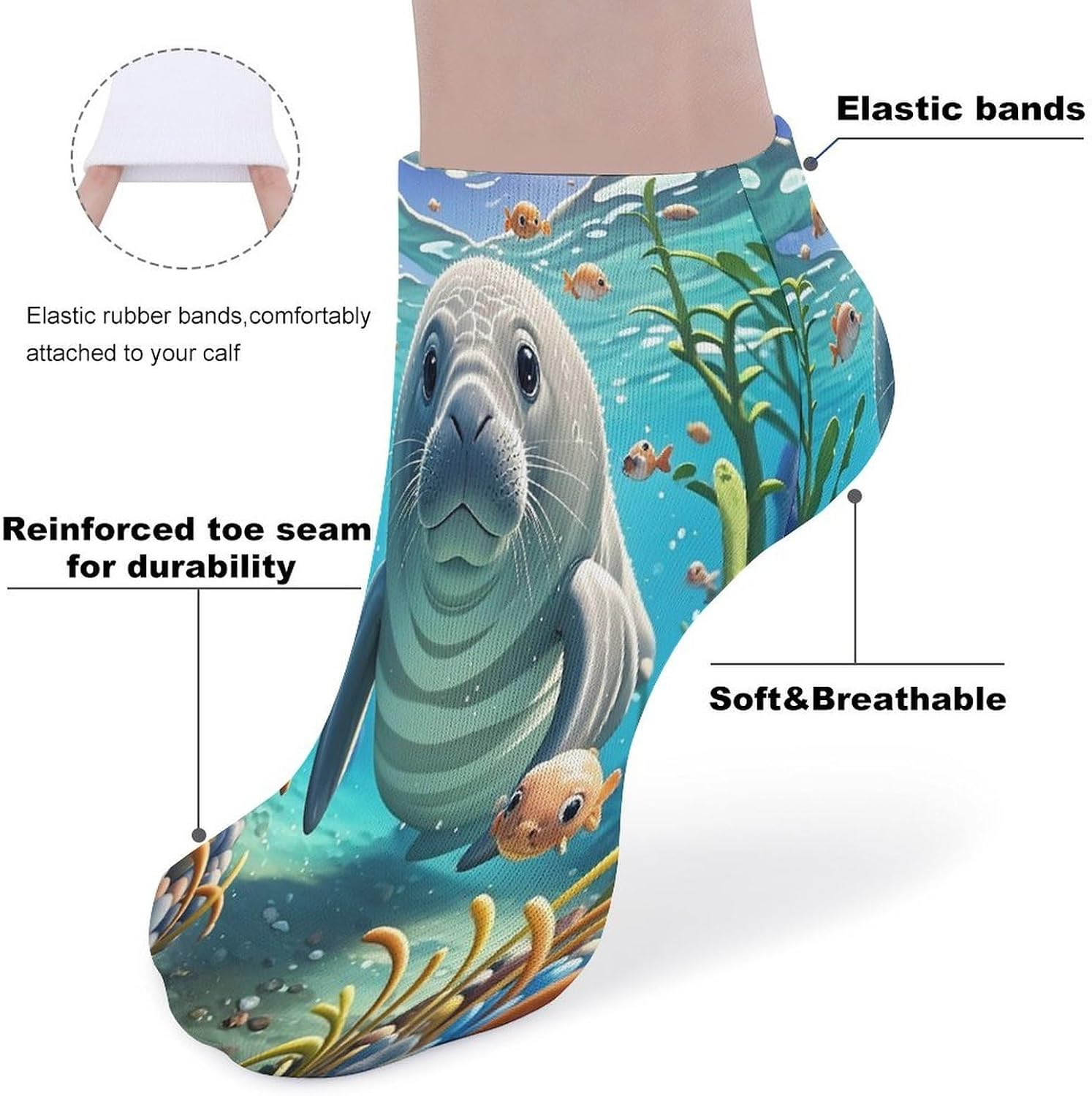 Cute Sea Animal Manatee Ankle Sock-Low Cut Breathable,Basketball Socks for Men Women,Tube Socks for Work Sports