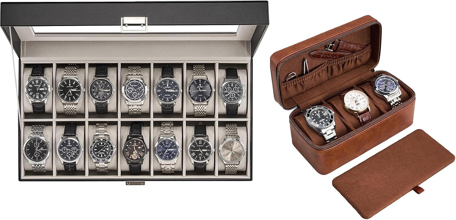 ProCase Black 14 Slot Watch Case and Brown 3-Slot Watch Travel Case Bundle, Glass Lid Watch Display Organizer, Large Capacity Watch Storage, Portable PU Leather Watch Holder