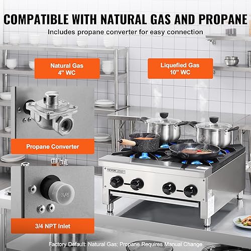 Miniatura 3 de VEVOR Estufa de gas comercial con 4 quemadores, estufa de cocina de propano y gas natural, placa caliente de gas de acero inoxidable, equipo de