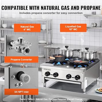 VEVOR Commercial Gas Stove with 4 Burners, Propane and Natural Gas Countertop Cooking Stove Range, Stainless Steel Gas Hot Plate, Commercial Cooking Equipment for Restaurant, 112,000 BTU