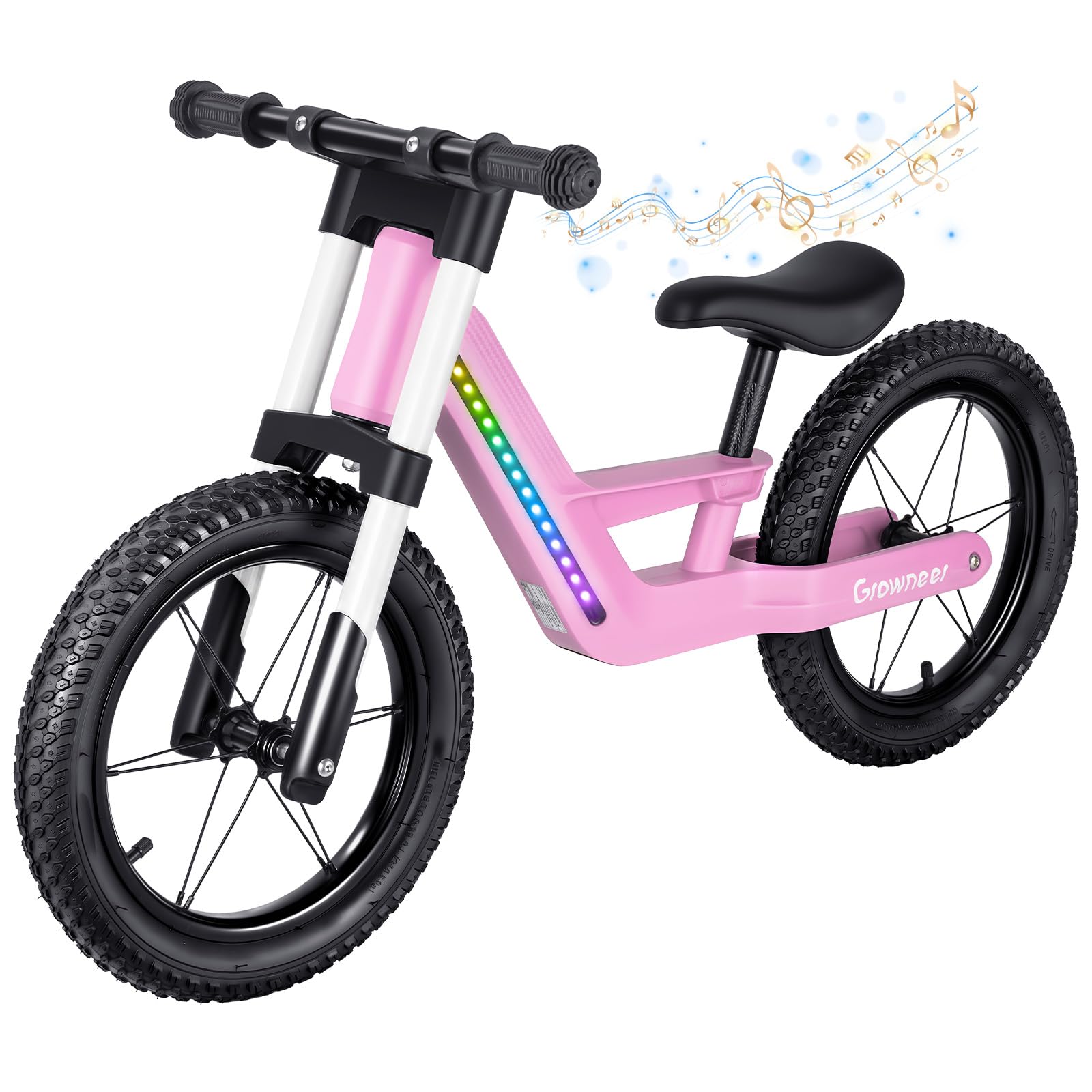 GROWNEER Kids Balance Bike with LED Lights and Music, 14" Lightweight Nylon Fibre Frame No Pedal Bike, Adjustable Seat, Pneumatic Tyres, First Bike for Boys Girls Aged 3-5 Years, Pink