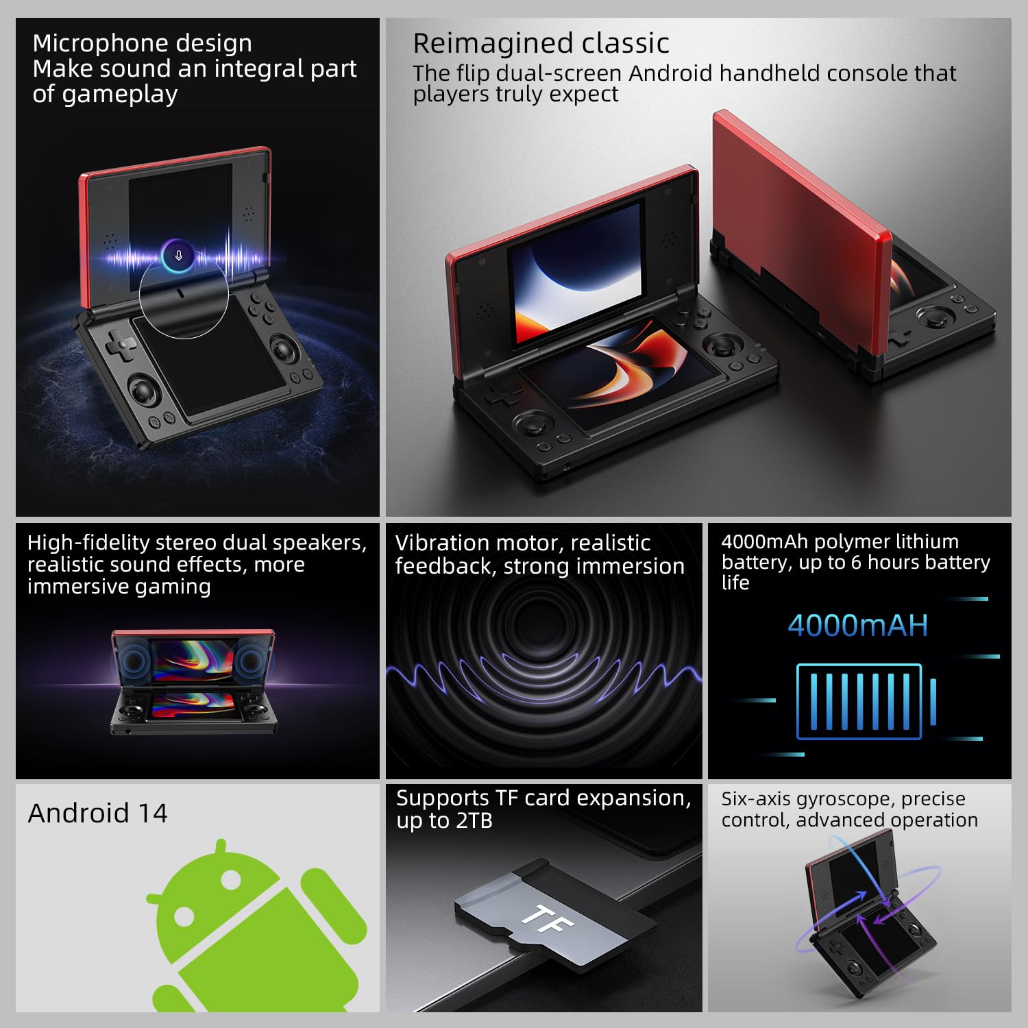 GiipGoop RG DS Consolas de juegos de mano RG DS Retro Gaming Console de doble pantalla 3+32GB Android 14 bolsillo portátil Arcade 40000mAh batería WiFi Bluetooth HD salida negro