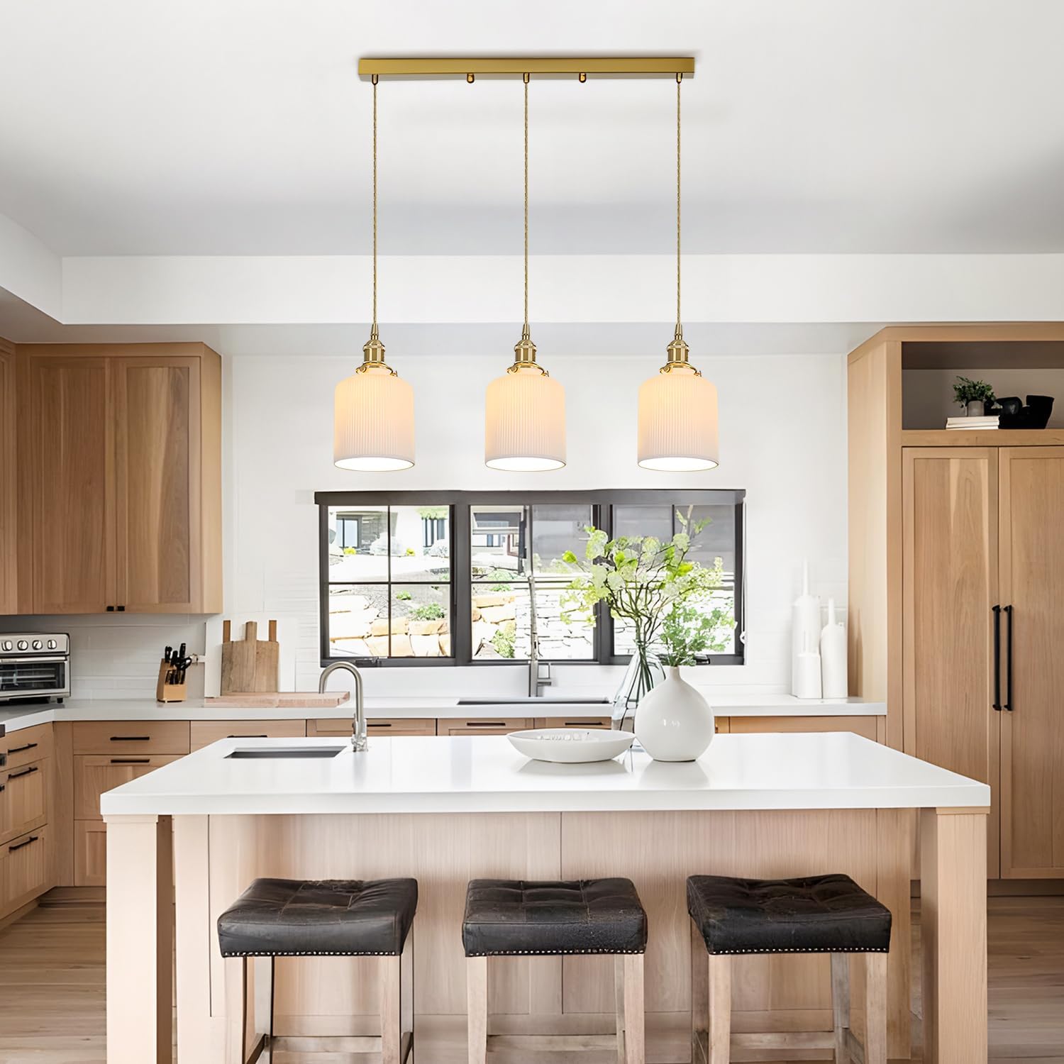 3 Light Linear Chandelier Pendant Lighting Brushed Brass Indoor Kitchen Island Hanging Light Fixtures Modern Milk Glass Linear Chandelier for Bar Foyer Corridor Bedroom Over Sink MPL16B-3L