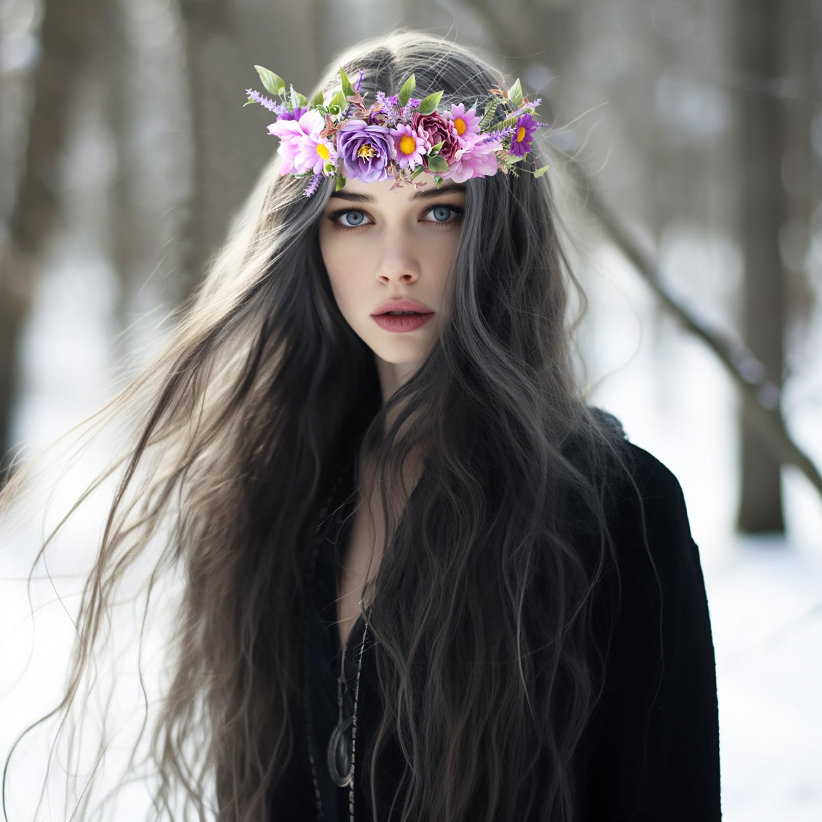 Brikuinr Floral Halo Crown Wreath Flower Garland Headband Hair Wreath Floral Headpiece Boho Wedding Party Festival with Ribbon - Image 2