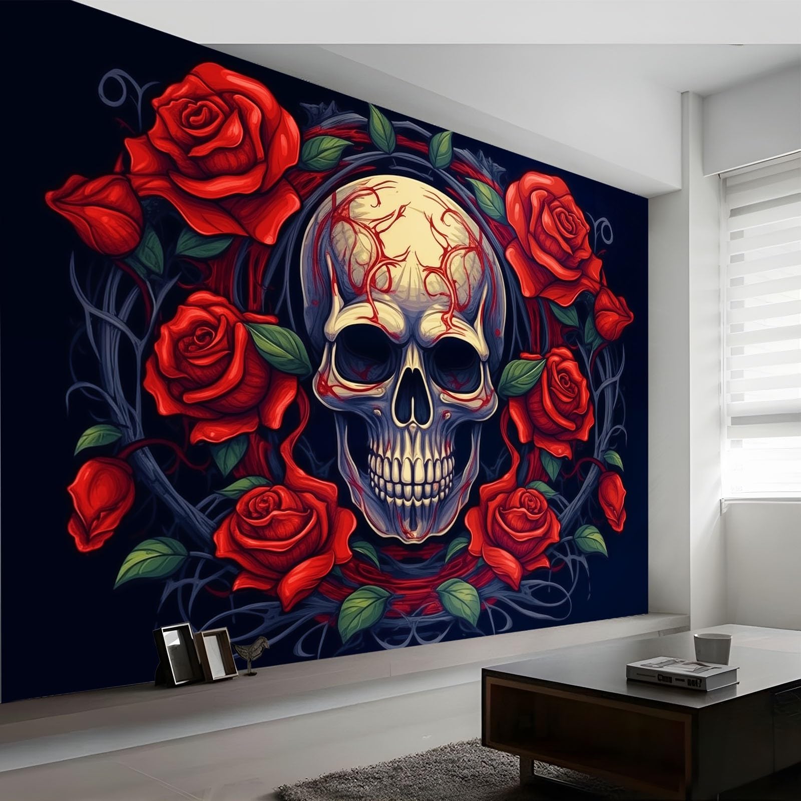 Papier peint panoramique gothique 200x140 cm intissé à effet 3D de crânes et roses