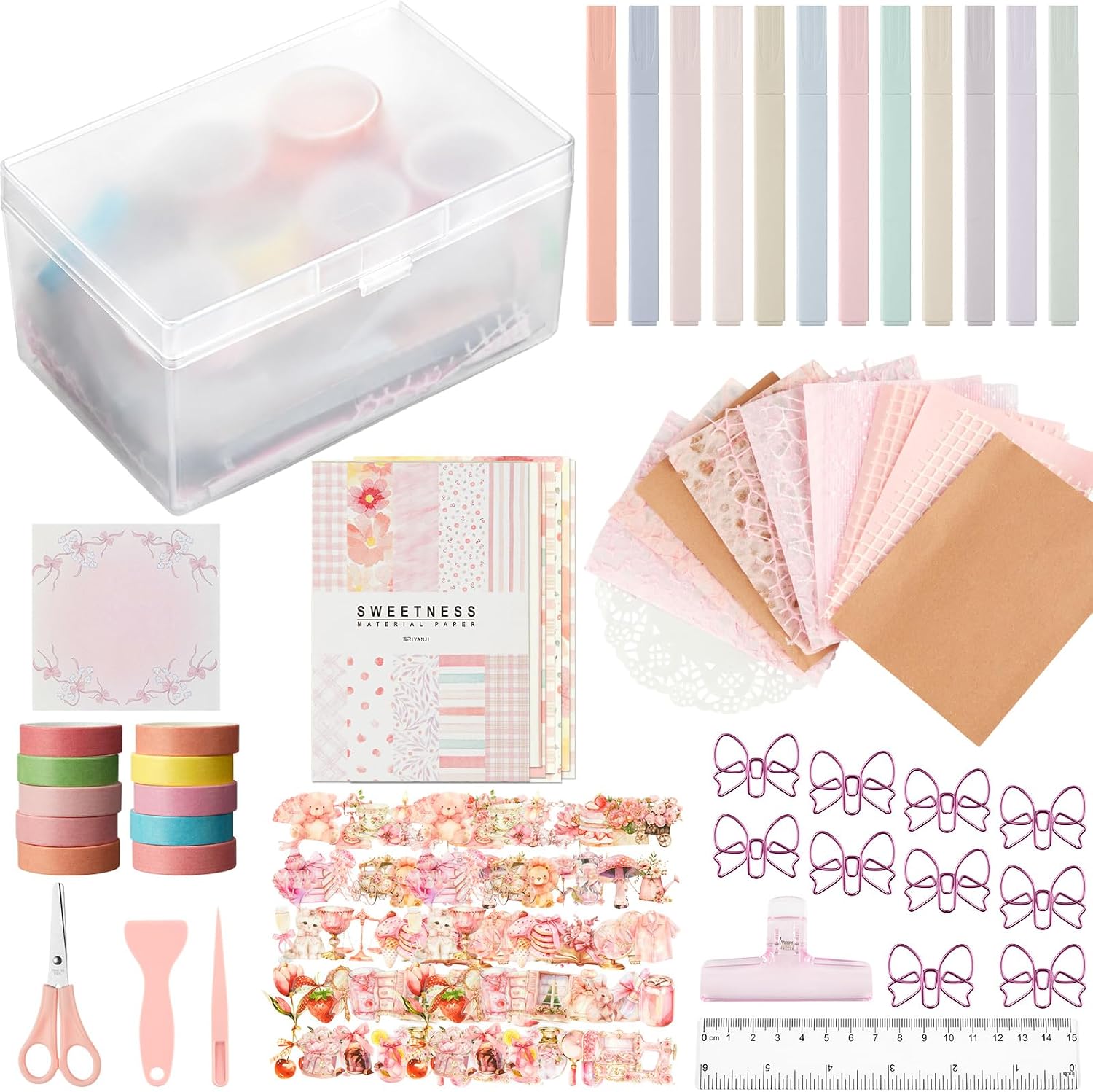 FunooFuno 155 Pcs Pink Scrapbooking Supplies Kit with Storage Box Aesthetic Scrapbook Kit with Pens Scissors for DIY Planner, Bullet Junk Journaling, Junk Journal, Retro Crafts