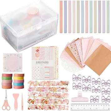 FunooFuno 155 Pcs Pink Scrapbooking Supplies Kit with Storage Box Aesthetic Scrapbook Kit with Pens Scissors for DIY Planner, Bullet Junk Journaling, Junk Journal, Retro Crafts
